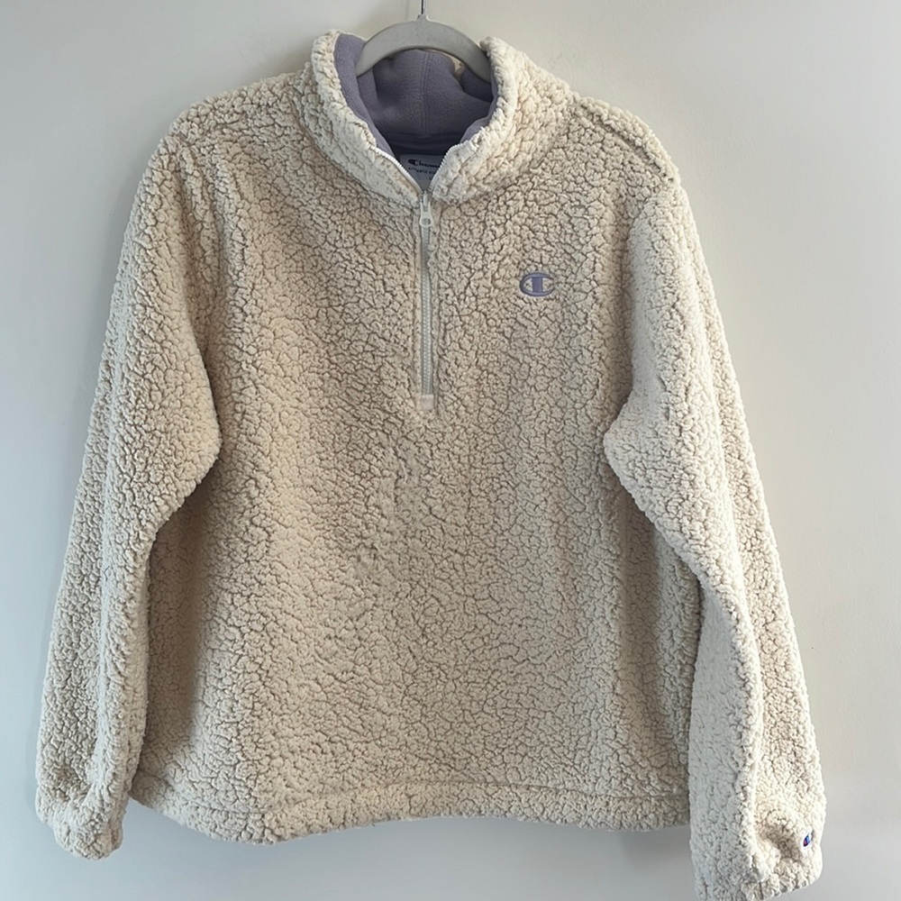 Champion Teddy Jacket Cozy Warm‎ Winter Purple Cream L NWT Fuzzy Soft